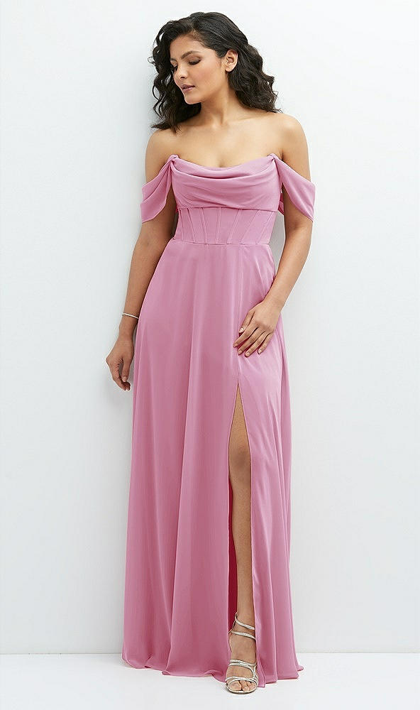 Front View - Powder Pink Chiffon Corset Maxi Dress with Removable Off-the-Shoulder Swags