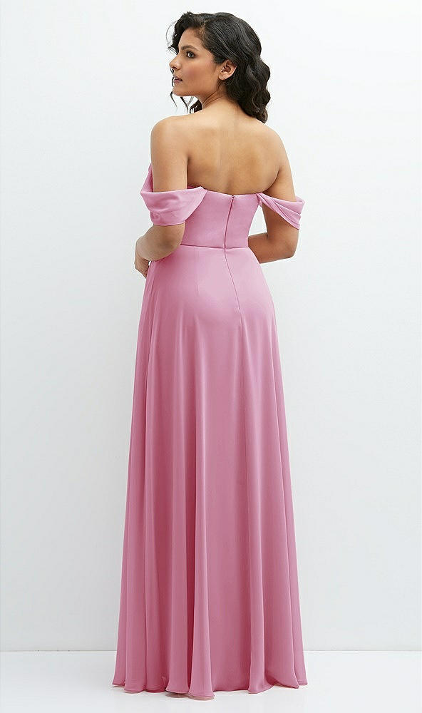 Back View - Powder Pink Chiffon Corset Maxi Dress with Removable Off-the-Shoulder Swags