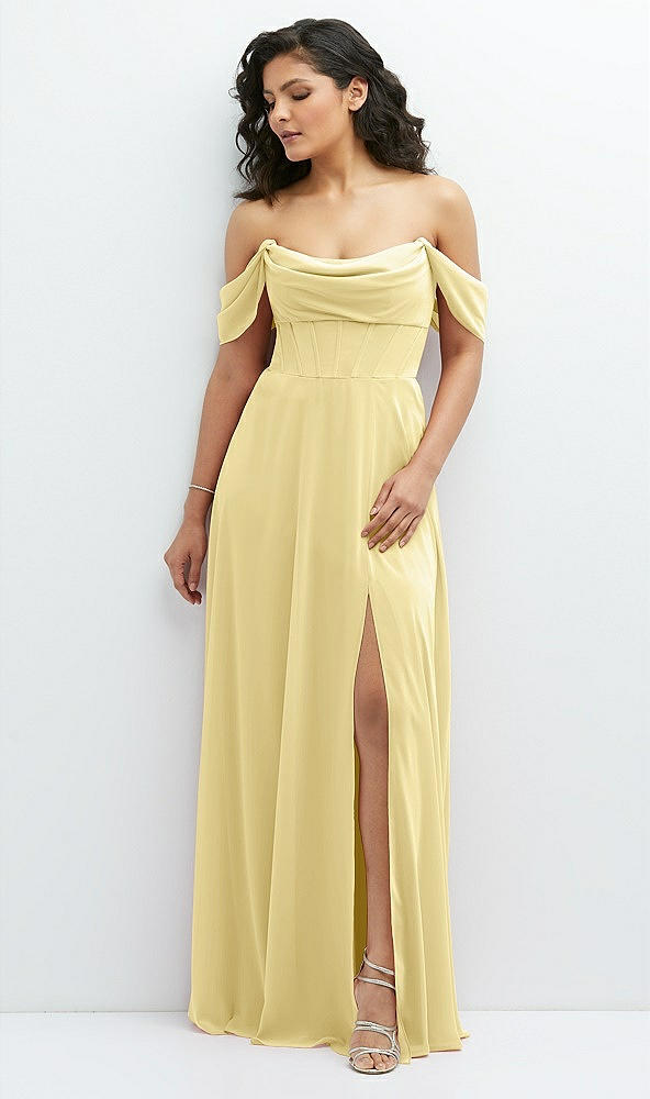 Front View - Pale Yellow Chiffon Corset Maxi Dress with Removable Off-the-Shoulder Swags