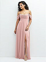 Front View Thumbnail - Rose - PANTONE Rose Quartz Chiffon Corset Maxi Dress with Removable Off-the-Shoulder Swags