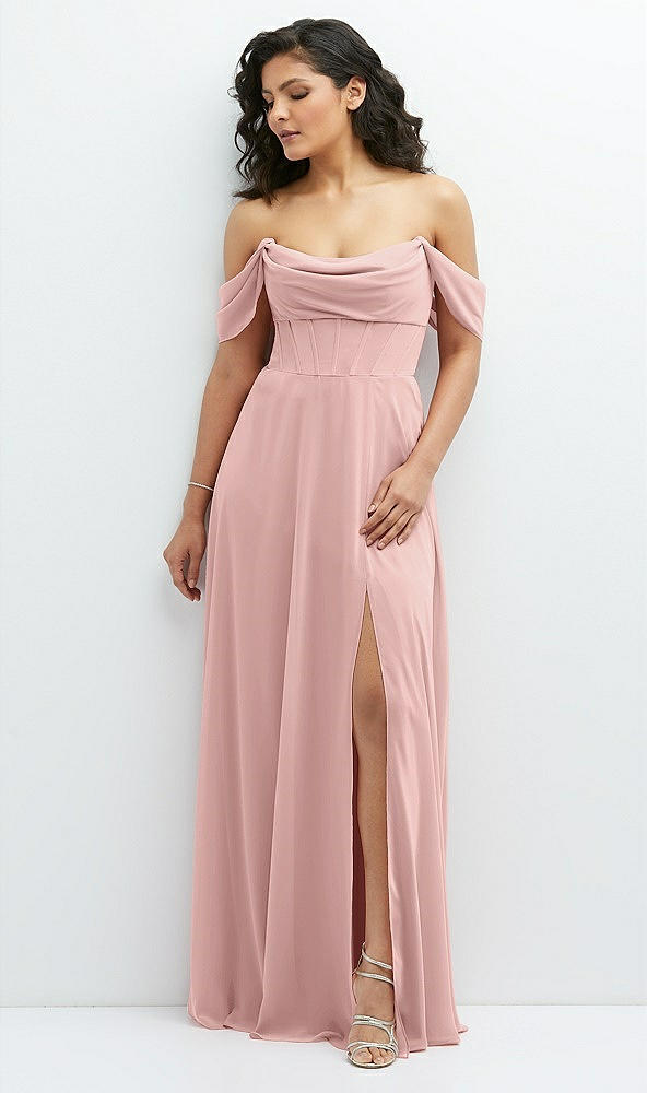 Front View - Rose - PANTONE Rose Quartz Chiffon Corset Maxi Dress with Removable Off-the-Shoulder Swags