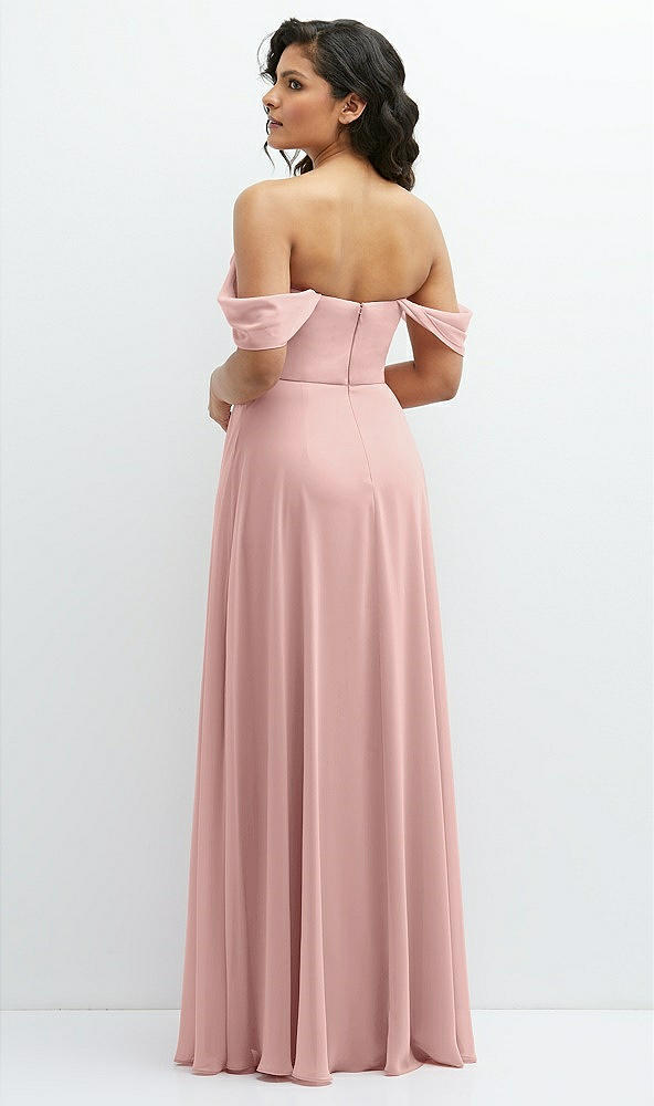 Back View - Rose - PANTONE Rose Quartz Chiffon Corset Maxi Dress with Removable Off-the-Shoulder Swags
