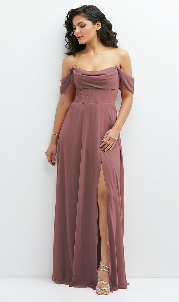 Front View - Rosewood Chiffon Corset Maxi Dress with Removable Off-the-Shoulder Swags