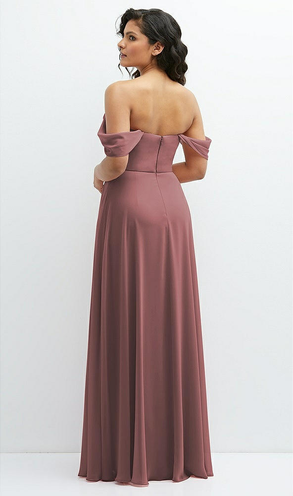 Back View - Rosewood Chiffon Corset Maxi Dress with Removable Off-the-Shoulder Swags