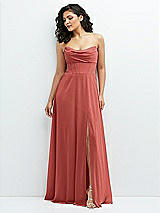 Alt View 1 Thumbnail - Coral Pink Chiffon Corset Maxi Dress with Removable Off-the-Shoulder Swags