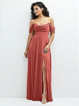 Front View Thumbnail - Coral Pink Chiffon Corset Maxi Dress with Removable Off-the-Shoulder Swags
