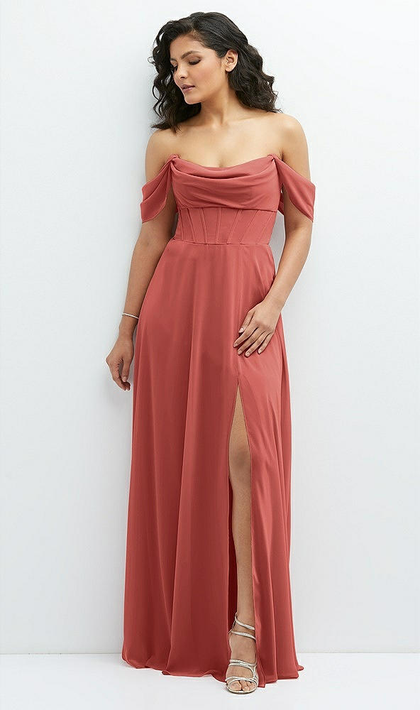 Front View - Coral Pink Chiffon Corset Maxi Dress with Removable Off-the-Shoulder Swags