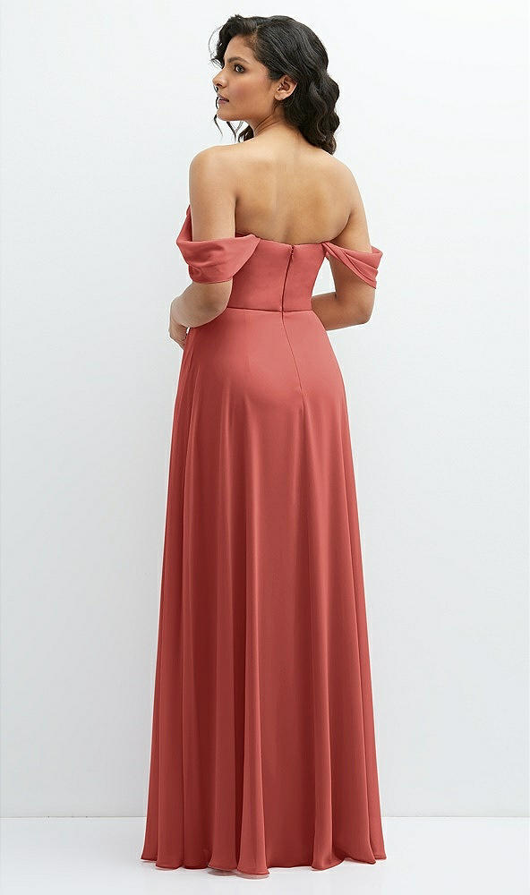 Back View - Coral Pink Chiffon Corset Maxi Dress with Removable Off-the-Shoulder Swags