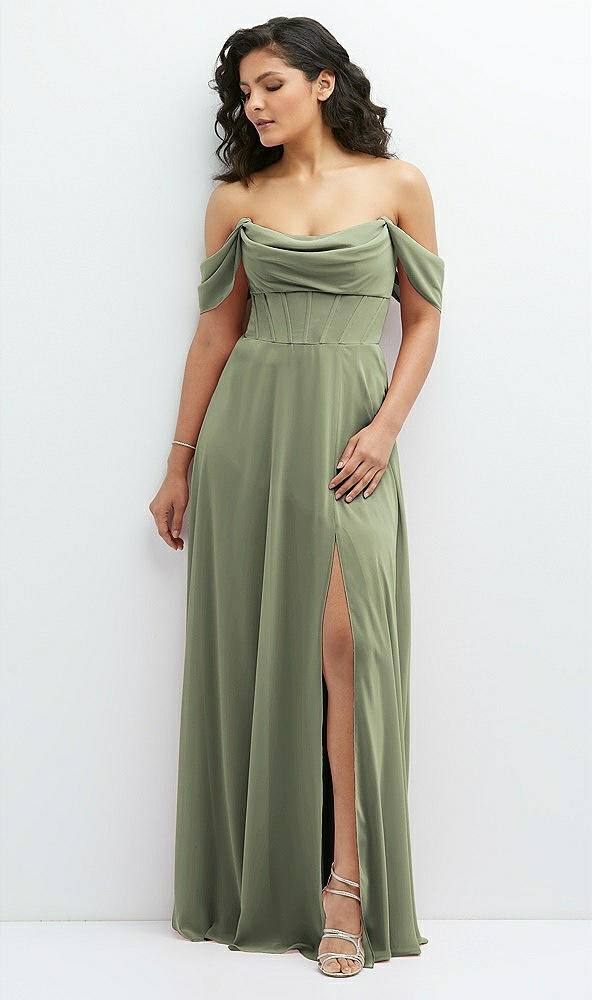 Front View - Sage Chiffon Corset Maxi Dress with Removable Off-the-Shoulder Swags