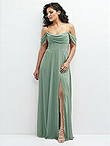 Front View Thumbnail - Seagrass Chiffon Corset Maxi Dress with Removable Off-the-Shoulder Swags
