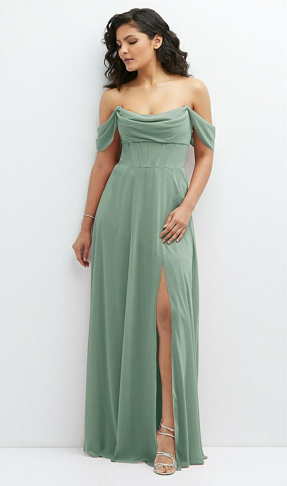 Front View - Seagrass Chiffon Corset Maxi Dress with Removable Off-the-Shoulder Swags
