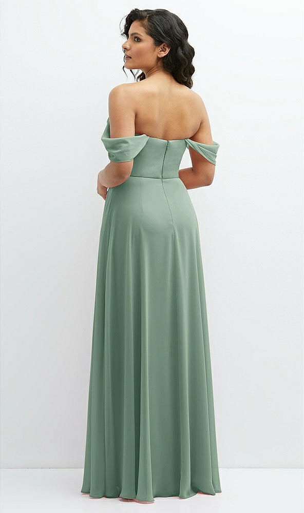 Back View - Seagrass Chiffon Corset Maxi Dress with Removable Off-the-Shoulder Swags