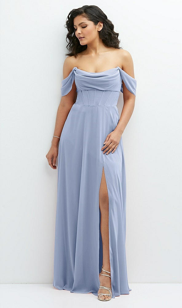 Front View - Sky Blue Chiffon Corset Maxi Dress with Removable Off-the-Shoulder Swags