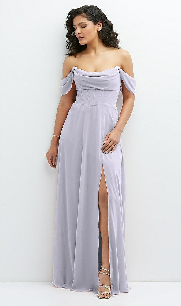 Front View - Silver Dove Chiffon Corset Maxi Dress with Removable Off-the-Shoulder Swags