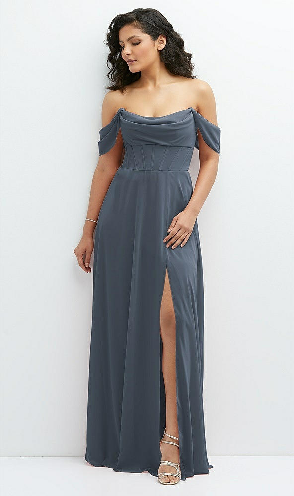 Front View - Silverstone Chiffon Corset Maxi Dress with Removable Off-the-Shoulder Swags