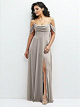 Front View Thumbnail - Taupe Chiffon Corset Maxi Dress with Removable Off-the-Shoulder Swags
