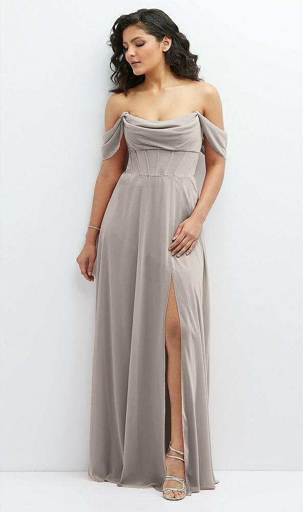 Front View - Taupe Chiffon Corset Maxi Dress with Removable Off-the-Shoulder Swags