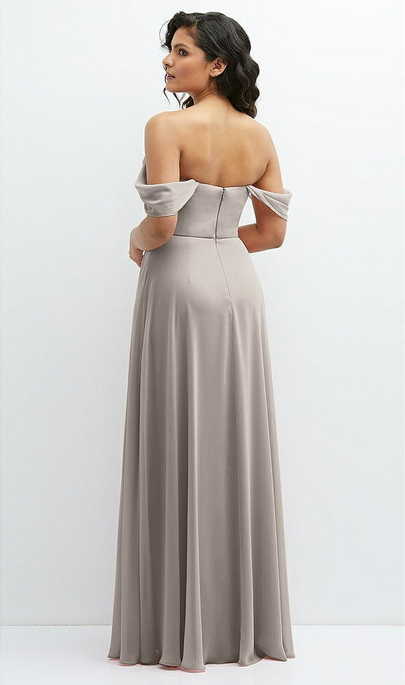 Back View - Taupe Chiffon Corset Maxi Dress with Removable Off-the-Shoulder Swags
