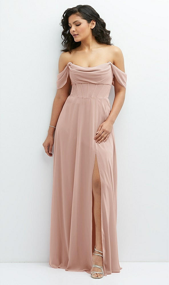 Front View - Toasted Sugar Chiffon Corset Maxi Dress with Removable Off-the-Shoulder Swags
