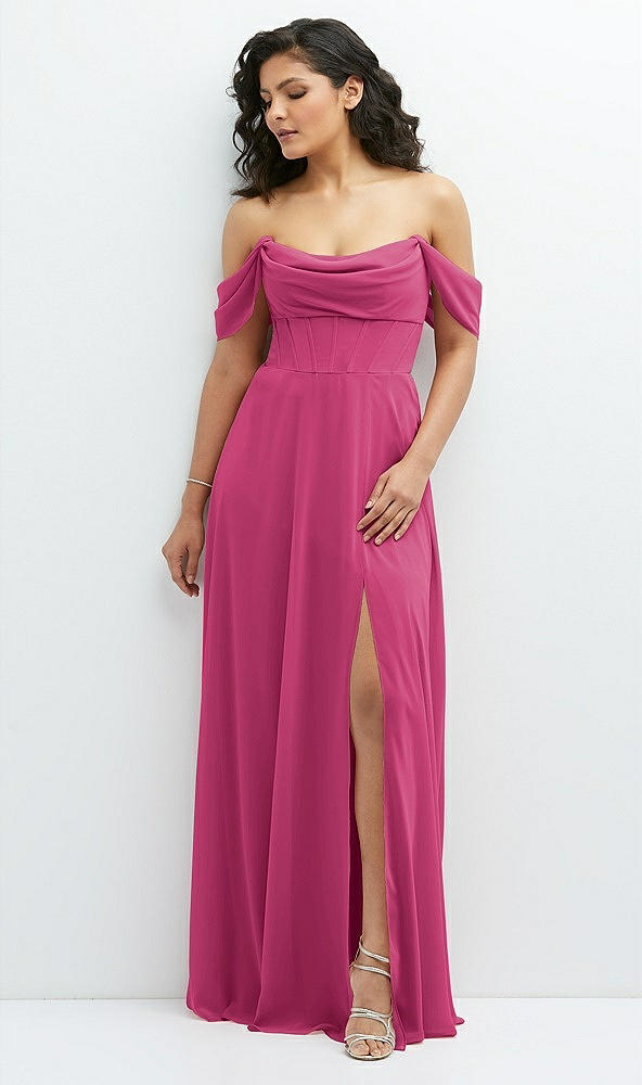 Front View - Tea Rose Chiffon Corset Maxi Dress with Removable Off-the-Shoulder Swags