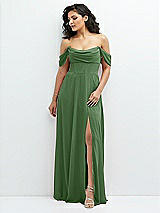 Front View Thumbnail - Vineyard Green Chiffon Corset Maxi Dress with Removable Off-the-Shoulder Swags