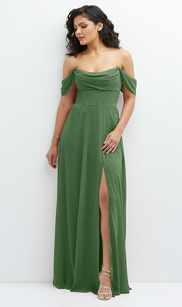 Front View - Vineyard Green Chiffon Corset Maxi Dress with Removable Off-the-Shoulder Swags