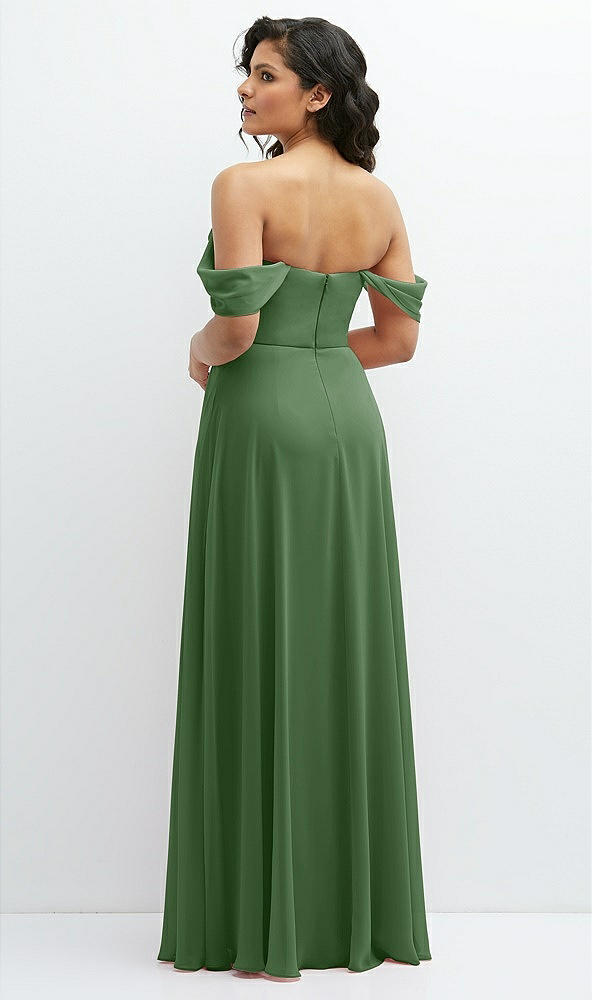 Back View - Vineyard Green Chiffon Corset Maxi Dress with Removable Off-the-Shoulder Swags