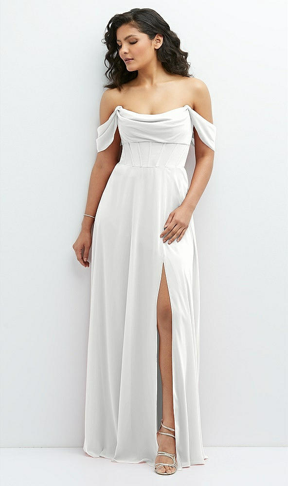 Front View - White Chiffon Corset Maxi Dress with Removable Off-the-Shoulder Swags