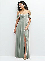 Front View Thumbnail - Willow Green Chiffon Corset Maxi Dress with Removable Off-the-Shoulder Swags
