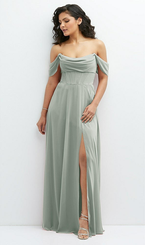 Front View - Willow Green Chiffon Corset Maxi Dress with Removable Off-the-Shoulder Swags