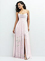 Alt View 1 Thumbnail - Watercolor Print Chiffon Corset Maxi Dress with Removable Off-the-Shoulder Swags
