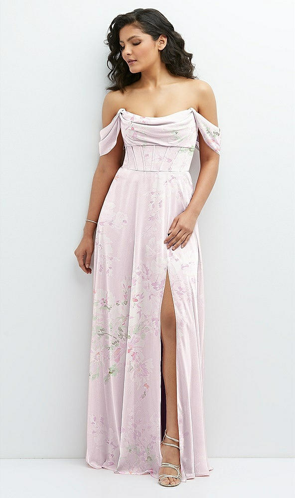Front View - Watercolor Print Chiffon Corset Maxi Dress with Removable Off-the-Shoulder Swags