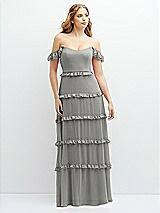 Alt View 1 Thumbnail - Chelsea Gray Tiered Chiffon Maxi A-line Dress with Convertible Ruffle Straps