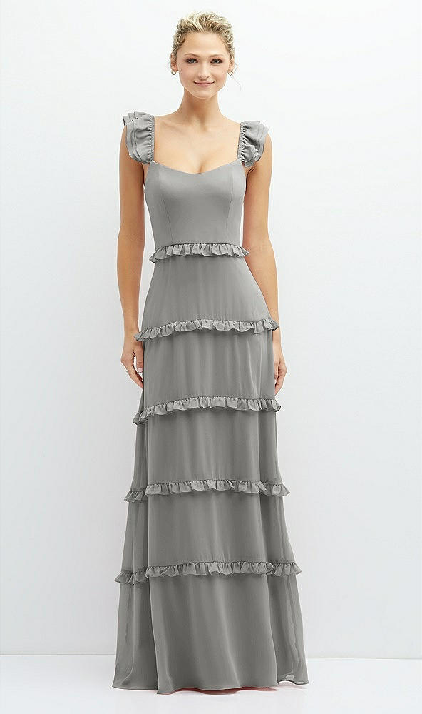 Front View - Chelsea Gray Tiered Chiffon Maxi A-line Dress with Convertible Ruffle Straps