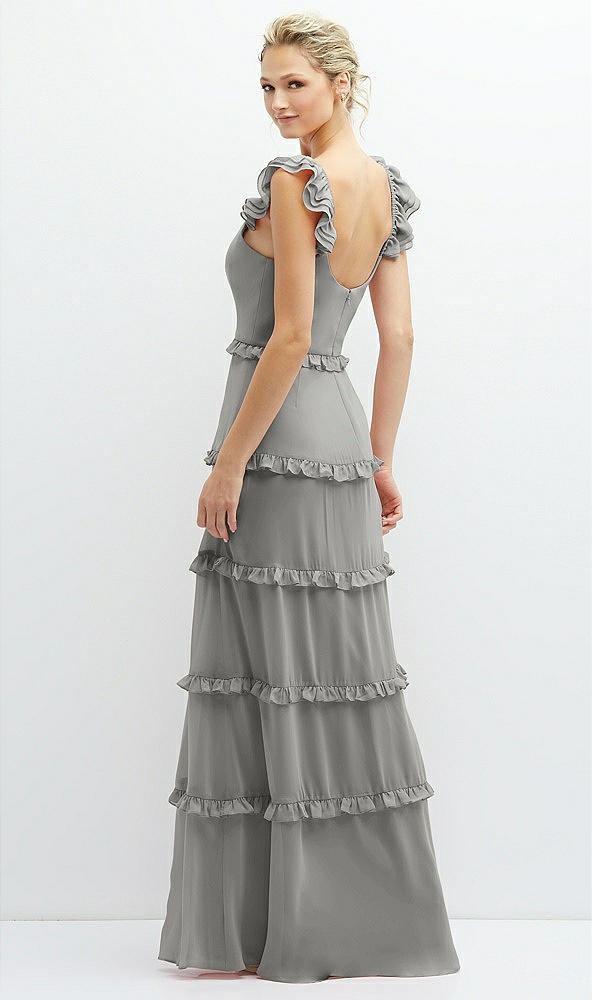 Back View - Chelsea Gray Tiered Chiffon Maxi A-line Dress with Convertible Ruffle Straps