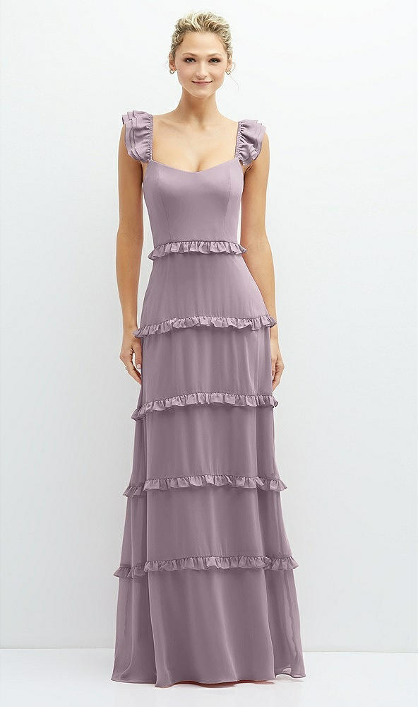 Front View - Lilac Dusk Tiered Chiffon Maxi A-line Dress with Convertible Ruffle Straps