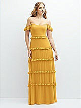 Alt View 1 Thumbnail - NYC Yellow Tiered Chiffon Maxi A-line Dress with Convertible Ruffle Straps