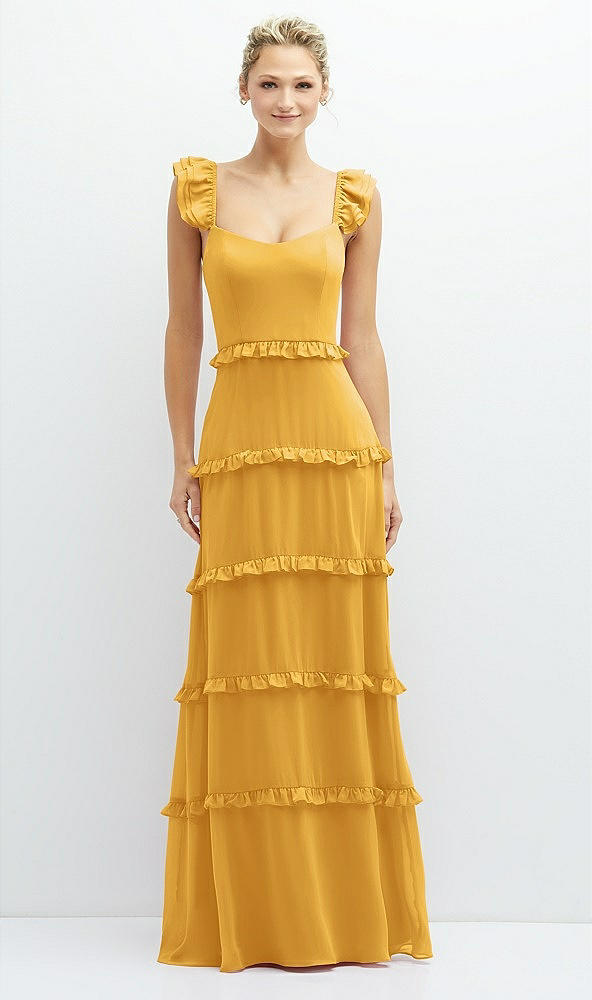 Front View - NYC Yellow Tiered Chiffon Maxi A-line Dress with Convertible Ruffle Straps