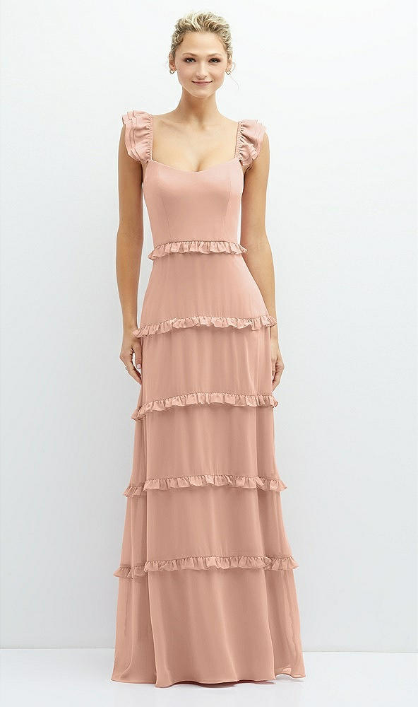 Front View - Pale Peach Tiered Chiffon Maxi A-line Dress with Convertible Ruffle Straps