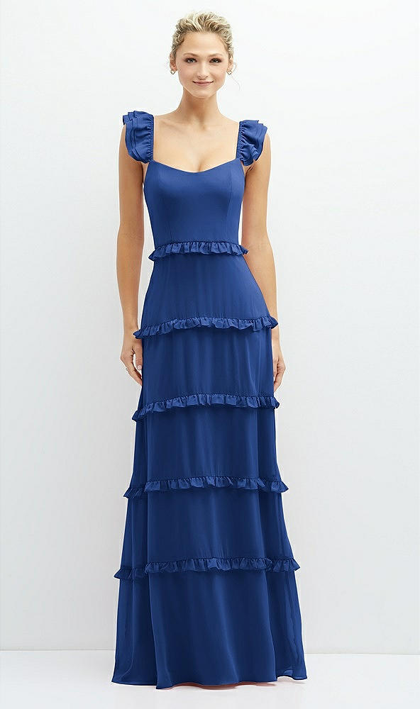 Front View - Classic Blue Tiered Chiffon Maxi A-line Dress with Convertible Ruffle Straps