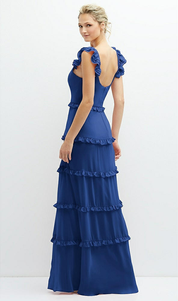 Back View - Classic Blue Tiered Chiffon Maxi A-line Dress with Convertible Ruffle Straps