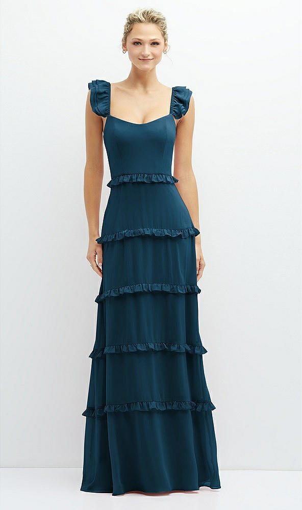 Front View - Atlantic Blue Tiered Chiffon Maxi A-line Dress with Convertible Ruffle Straps