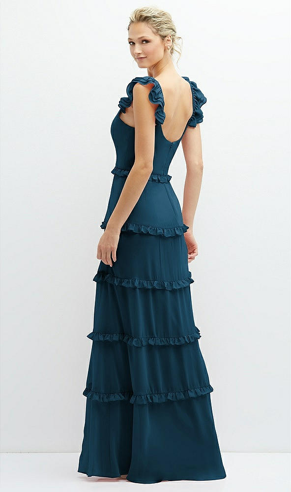 Back View - Atlantic Blue Tiered Chiffon Maxi A-line Dress with Convertible Ruffle Straps