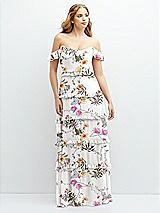 Alt View 1 Thumbnail - Butterfly Botanica Ivory Tiered Chiffon Maxi A-line Dress with Convertible Ruffle Straps