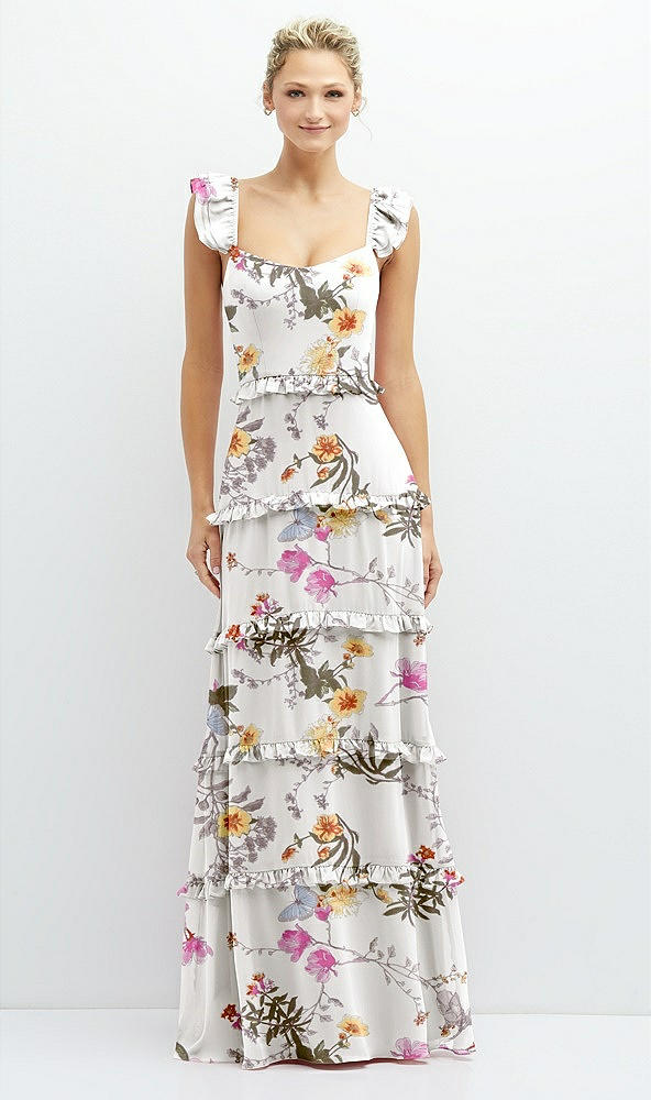Front View - Butterfly Botanica Ivory Tiered Chiffon Maxi A-line Dress with Convertible Ruffle Straps