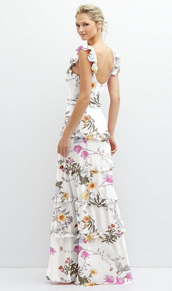 Back View - Butterfly Botanica Ivory Tiered Chiffon Maxi A-line Dress with Convertible Ruffle Straps