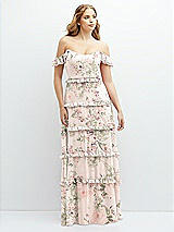 Alt View 1 Thumbnail - Blush Garden Tiered Chiffon Maxi A-line Dress with Convertible Ruffle Straps