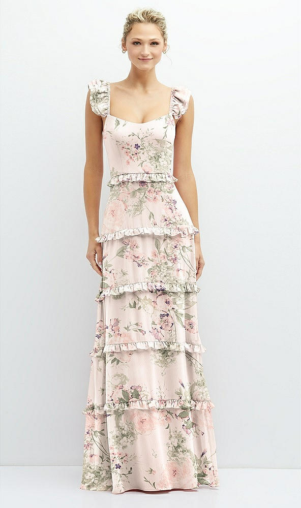 Front View - Blush Garden Tiered Chiffon Maxi A-line Dress with Convertible Ruffle Straps