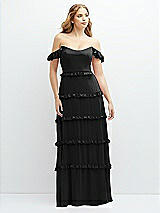 Alt View 1 Thumbnail - Black Tiered Chiffon Maxi A-line Dress with Convertible Ruffle Straps