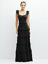 Front View Thumbnail - Black Tiered Chiffon Maxi A-line Dress with Convertible Ruffle Straps